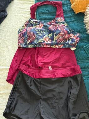 Floral Navy & Pink Athletic Tankini Top with Magenta Swim Skirt 3 Piece NET